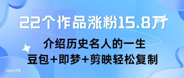 22个作品涨粉15.8W ，介绍历史名人的一生 ， 豆包+即梦+剪映轻松复制网络赚钱,项目资源网,副业资源网,兼职项目,网赚课程-副业赚钱-互联网创业-独家轻创IP大圣网创