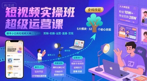 短视频实操班超级运营课，新手小白到短视频大神必修课程，剪辑-拍摄-运营-直播-变现网络赚钱,项目资源网,副业资源网,兼职项目,网赚课程-副业赚钱-互联网创业-独家轻创IP大圣网创