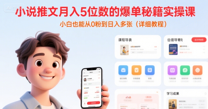 小说推文月入5位数的爆单秘籍实操课，，小白也能从0粉到日入多张(详细教程)网络赚钱,项目资源网,副业资源网,兼职项目,网赚课程-副业赚钱-互联网创业-独家轻创IP大圣网创