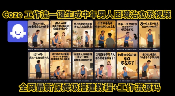 coze工作流一键生成”中年男人困境扎心高涨粉高播放量图文视频”保姆级拆解教程，无需剪辑，无需拍摄写文案网络赚钱,项目资源网,副业资源网,兼职项目,网赚课程-副业赚钱-互联网创业-独家轻创IP大圣网创