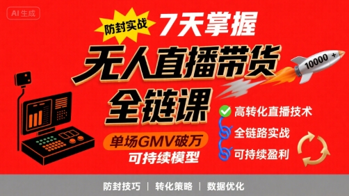 无人直播带货全链防封实战课，7天掌握高转化直播技术，实现单场GMV破万可持续模型网络赚钱,项目资源网,副业资源网,兼职项目,网赚课程-副业赚钱-互联网创业-独家轻创IP大圣网创