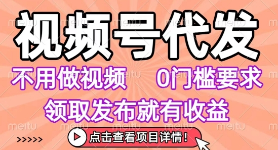 视频号代发，不用剪辑不用做视频，0门槛要求，领取发布就有收益，任务没有无上限，小白轻松上手【揭秘】网络赚钱,项目资源网,副业资源网,兼职项目,网赚课程-副业赚钱-互联网创业-独家轻创IP大圣网创