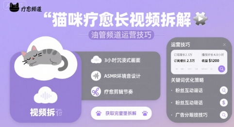 猫咪疗愈长视频拆解 &油管频道运营技巧网络赚钱,项目资源网,副业资源网,兼职项目,网赚课程-副业赚钱-互联网创业-独家轻创IP大圣网创
