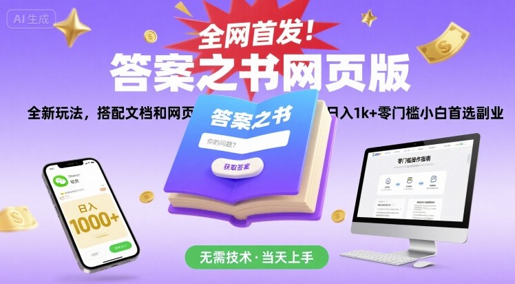 全网首发！答案之书网页版，全新玩法，搭配文档和网页，日入1k+零门槛小白首选副业【揭秘】网络赚钱,项目资源网,副业资源网,兼职项目,网赚课程-副业赚钱-互联网创业-独家轻创IP大圣网创