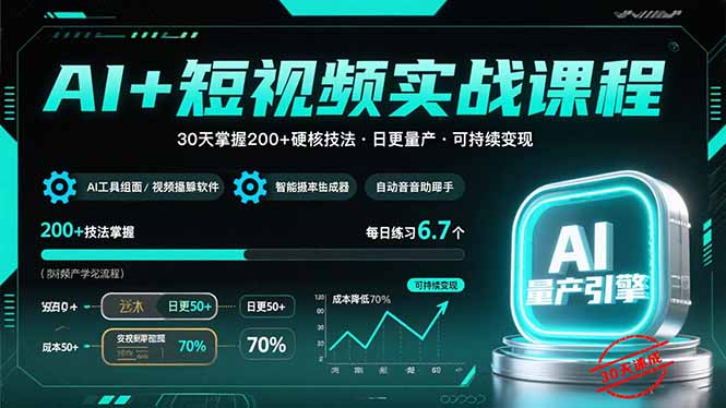 AI+短视频实战课程：30天掌握200+硬核技法，实现日更量产可持续变现网络赚钱,项目资源网,副业资源网,兼职项目,网赚课程-副业赚钱-互联网创业-独家轻创IP大圣网创