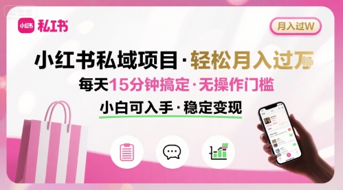 小红书私域项目 月入过W非常轻松 每天15分钟即可搞定，无任何操作门槛，小白可入手网络赚钱,项目资源网,副业资源网,兼职项目,网赚课程-副业赚钱-互联网创业-独家轻创IP大圣网创