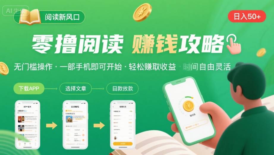 零撸阅读新风口,无门槛轻松挣,一部手机,日入 50-3张【揭秘】网络赚钱,项目资源网,副业资源网,兼职项目,网赚课程-副业赚钱-互联网创业-独家轻创IP大圣网创