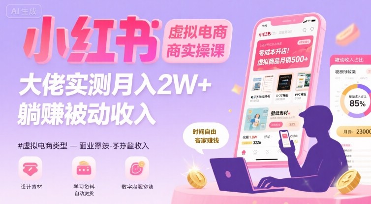 小红书虚拟电商，大佬实测月入2W+，实现被动收入网络赚钱,项目资源网,副业资源网,兼职项目,网赚课程-副业赚钱-互联网创业-独家轻创IP大圣网创
