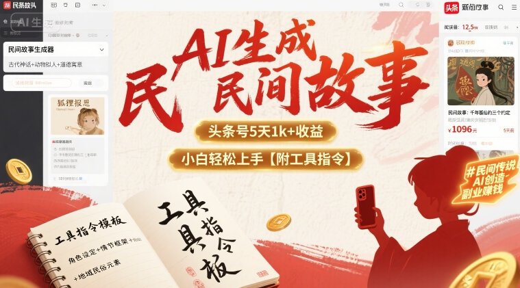 AI生成民间故事，头条号5天1k+，小白轻松上手【附工具指令】网络赚钱,项目资源网,副业资源网,兼职项目,网赚课程-副业赚钱-互联网创业-独家轻创IP大圣网创
