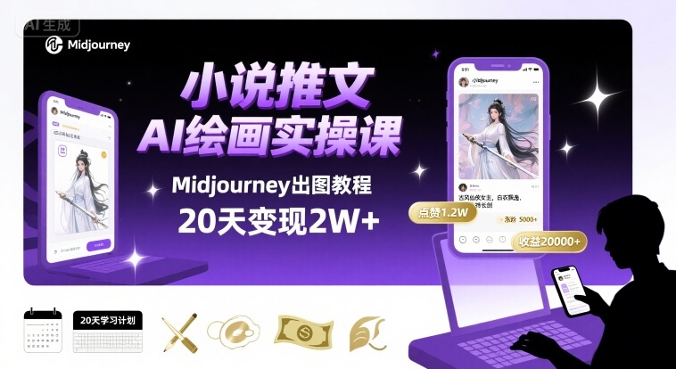 小说推文干货分享之AI绘画MJ出图实操课，用Midjourney做小说推文，20天挣2w网络赚钱,项目资源网,副业资源网,兼职项目,网赚课程-副业赚钱-互联网创业-独家轻创IP大圣网创