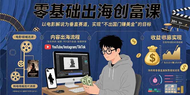 零基础出海创富课：以电影解说为垂直赛道，实现不出国门赚美金的目标网络赚钱,项目资源网,副业资源网,兼职项目,网赚课程-副业赚钱-互联网创业-独家轻创IP大圣网创