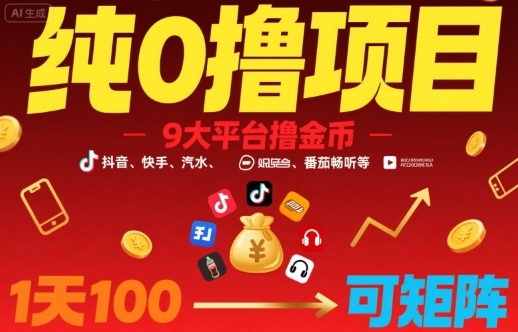 纯0撸项目，9大平台撸金币，抖音，快手，汽水，番茄畅听等，1天100，可矩阵网络赚钱,项目资源网,副业资源网,兼职项目,网赚课程-副业赚钱-互联网创业-独家轻创IP大圣网创