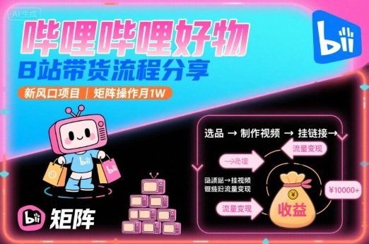哔哩哔哩好物，B站带货流程分享，新风口项目，矩阵操作月1W网络赚钱,项目资源网,副业资源网,兼职项目,网赚课程-副业赚钱-互联网创业-独家轻创IP大圣网创