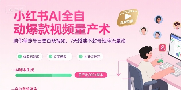 小红书AI全自动爆款视频量产术，助你单账号日更百条视频，7天搭建不封号矩阵流量池(更新8月)网络赚钱,项目资源网,副业资源网,兼职项目,网赚课程-副业赚钱-互联网创业-独家轻创IP大圣网创