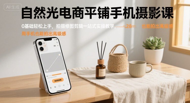 自然光电商平铺手机摄影课，0基础轻松上手，拍摄修图剪辑一站式实操教学，用手机也能拍出高级感网络赚钱,项目资源网,副业资源网,兼职项目,网赚课程-副业赚钱-互联网创业-独家轻创IP大圣网创