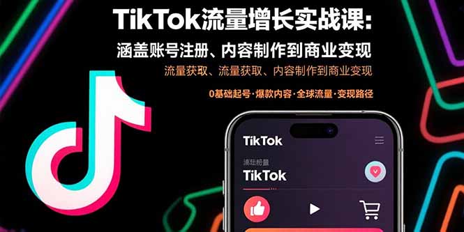 TikTok流量增长实战课：涵盖账号注册、流量获取、内容制作到商业变现网络赚钱,项目资源网,副业资源网,兼职项目,网赚课程-副业赚钱-互联网创业-独家轻创IP大圣网创