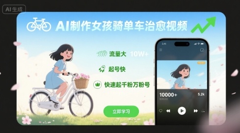 AI制作女孩骑单车治愈视频，流量大，起号快，快速起千粉万粉号网络赚钱,项目资源网,副业资源网,兼职项目,网赚课程-副业赚钱-互联网创业-独家轻创IP大圣网创