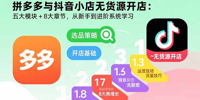 拼多多与抖音小店无货源开店：五大模块+8大章节，从新手到进阶系统学习网络赚钱,项目资源网,副业资源网,兼职项目,网赚课程-副业赚钱-互联网创业-独家轻创IP大圣网创