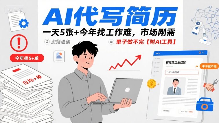 AI代写简历，一天5张+今年找工作难，市场刚需，单子做不完【附AI工具】网络赚钱,项目资源网,副业资源网,兼职项目,网赚课程-副业赚钱-互联网创业-独家轻创IP大圣网创
