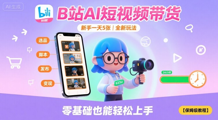B站AI短视频带货，新手一天5张，全新玩法【保姆级教程】网络赚钱,项目资源网,副业资源网,兼职项目,网赚课程-副业赚钱-互联网创业-独家轻创IP大圣网创