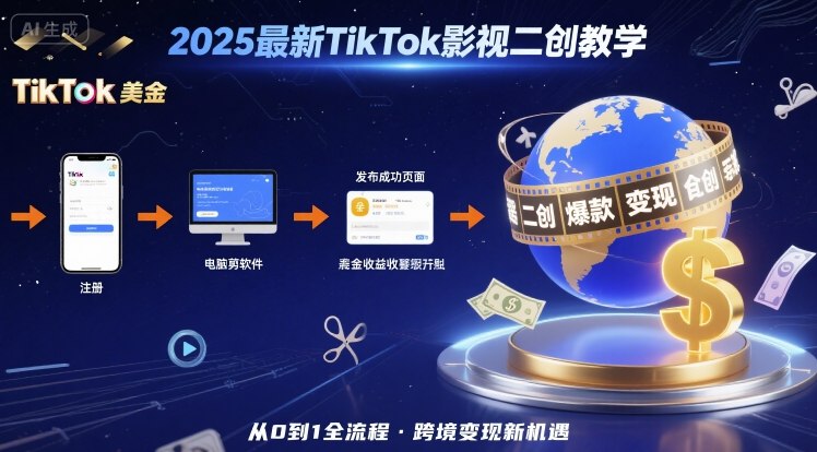 2025年最新TikTok影视二创教学，从注册到发布撸美金全流程，跨境变现新机遇网络赚钱,项目资源网,副业资源网,兼职项目,网赚课程-副业赚钱-互联网创业-独家轻创IP大圣网创