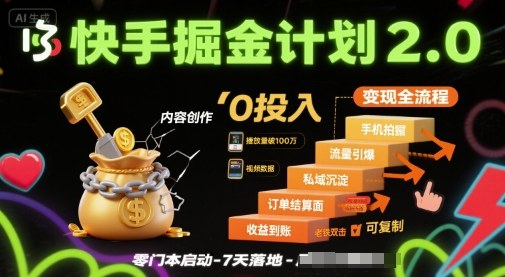 快手掘金计划2.0，快手电商变现全流程，简单可复制，0投入网络赚钱,项目资源网,副业资源网,兼职项目,网赚课程-副业赚钱-互联网创业-独家轻创IP大圣网创