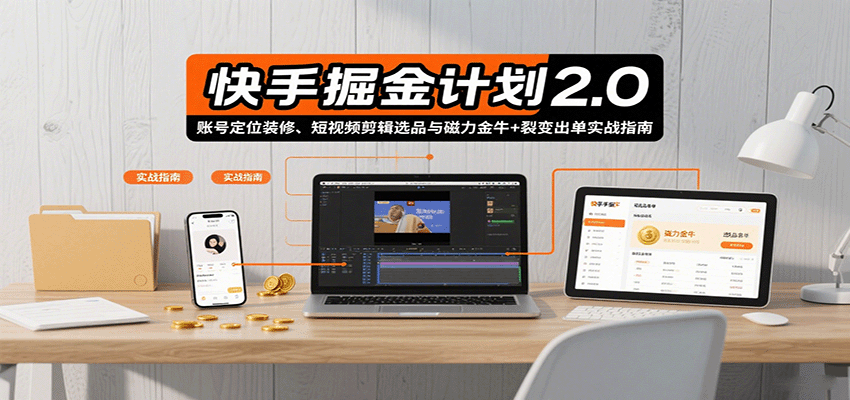 快手掘金计划2.0，账号定位装修、短视频剪辑选品与磁力金牛+裂变出单实战指南网络赚钱,项目资源网,副业资源网,兼职项目,网赚课程-副业赚钱-互联网创业-独家轻创IP大圣网创