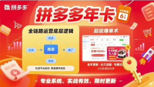 拼多多年卡【8月更新6节】拼多多全链路运营底层逻辑，超级爆单术网络赚钱,项目资源网,副业资源网,兼职项目,网赚课程-副业赚钱-互联网创业-独家轻创IP大圣网创