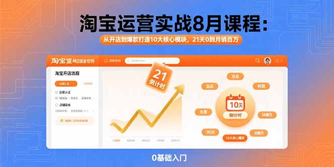 淘宝运营实战8月课程：从开店到爆款打造10大核心模块，21天0到月销百万网络赚钱,项目资源网,副业资源网,兼职项目,网赚课程-副业赚钱-互联网创业-独家轻创IP大圣网创