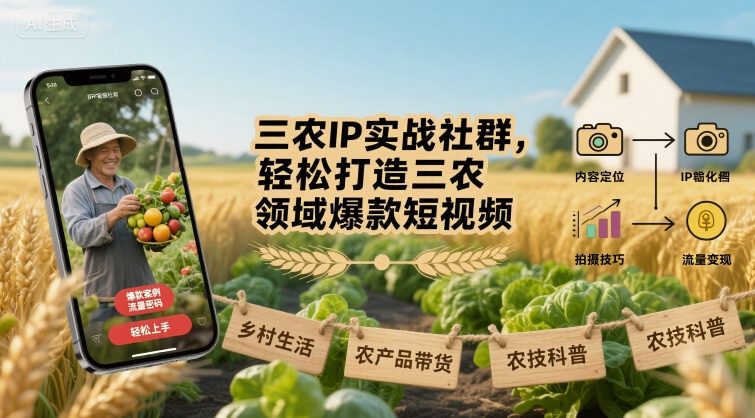 三农IP实战社群，轻松打造三农领域爆款短视频网络赚钱,项目资源网,副业资源网,兼职项目,网赚课程-副业赚钱-互联网创业-独家轻创IP大圣网创