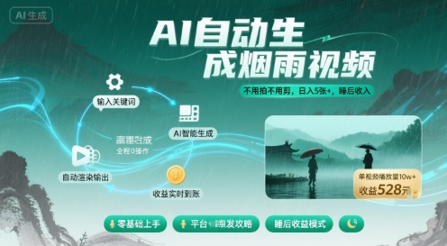 不用拍不用剪！AI自动生成烟雨视频，日入5张+，睡后收入网络赚钱,项目资源网,副业资源网,兼职项目,网赚课程-副业赚钱-互联网创业-独家轻创IP大圣网创