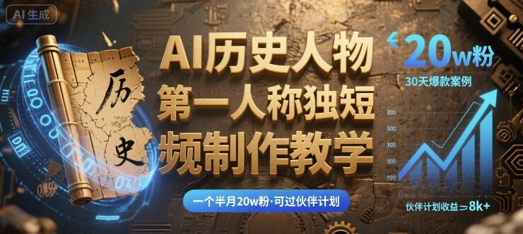 最新AI历史人物第一人称独白短视频制作教学，一个半月20w粉，可过伙伴计划网络赚钱,项目资源网,副业资源网,兼职项目,网赚课程-副业赚钱-互联网创业-独家轻创IP大圣网创