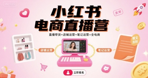 小红书电商直播营，直播带货+店铺运营+笔记运营=全电商网络赚钱,项目资源网,副业资源网,兼职项目,网赚课程-副业赚钱-互联网创业-独家轻创IP大圣网创