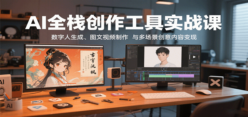 AI全栈创作工具实战课：数字人生成、图文视频制作与多场景创意内容变现网络赚钱,项目资源网,副业资源网,兼职项目,网赚课程-副业赚钱-互联网创业-独家轻创IP大圣网创