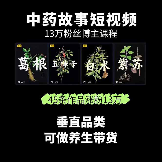 图片[1]网络赚钱,项目资源网,副业资源网,兼职项目,网赚课程-副业赚钱-互联网创业-独家轻创IP中草药养生赛道：AI文案+故事模板+橱带货，45条作品涨粉13w+单月变现1万+网络赚钱,项目资源网,副业资源网,兼职项目,网赚课程-副业赚钱-互联网创业-独家轻创IP大圣网创