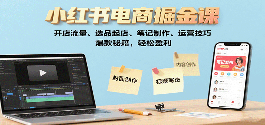 小红书电商掘金课：开店流量、选品起店、笔记制作、运营技巧，爆款秘籍，轻松盈利网络赚钱,项目资源网,副业资源网,兼职项目,网赚课程-副业赚钱-互联网创业-独家轻创IP大圣网创