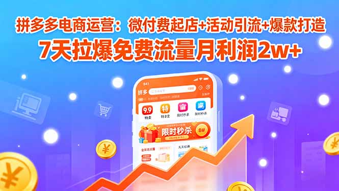 拼多多电商运营：微付费起店+活动引流+爆款打造 7天拉爆免费流量月利润2w+网络赚钱,项目资源网,副业资源网,兼职项目,网赚课程-副业赚钱-互联网创业-独家轻创IP大圣网创