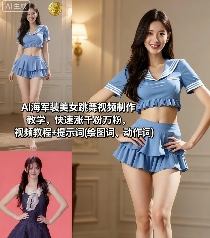 AI海军装美女跳舞视频制作教学，快速涨千粉万粉，视频教程+提示词(绘图词、动作词)网络赚钱,项目资源网,副业资源网,兼职项目,网赚课程-副业赚钱-互联网创业-独家轻创IP大圣网创