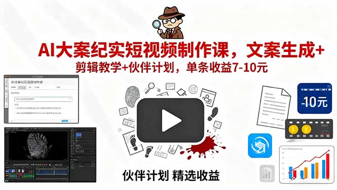 AI大案纪实短视频制作课,文案生成+剪辑教学+伙伴计划,单条收益7-10元网络赚钱,项目资源网,副业资源网,兼职项目,网赚课程-副业赚钱-互联网创业-独家轻创IP大圣网创