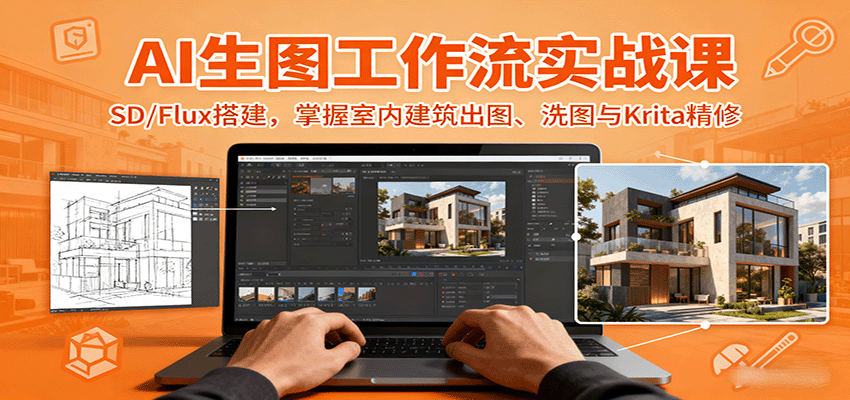 AI生图工作流实战课:SD/Flux搭建,掌握室内建筑出图、洗图与Krita精修网络赚钱,项目资源网,副业资源网,兼职项目,网赚课程-副业赚钱-互联网创业-独家轻创IP大圣网创