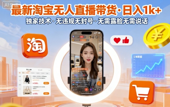 最新淘宝无人直播带货，日入1k+，独家技术，无违规无封号，无需露脸无需说话【揭秘】网络赚钱,项目资源网,副业资源网,兼职项目,网赚课程-副业赚钱-互联网创业-独家轻创IP大圣网创