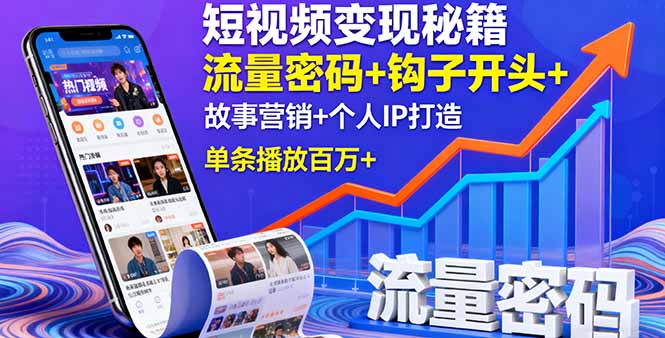 短视频变现秘籍，流量密码+钩子开头+故事营销+个人IP打造，单条播放百万+网络赚钱,项目资源网,副业资源网,兼职项目,网赚课程-副业赚钱-互联网创业-独家轻创IP大圣网创