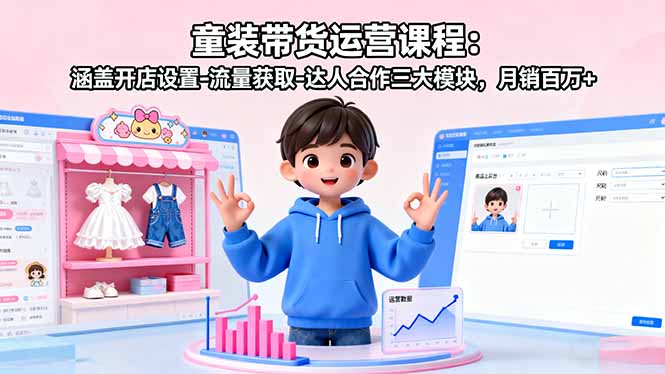 童装带货运营课程:涵盖开店设置-流量获取-达人合作三大模块,月销百万+网络赚钱,项目资源网,副业资源网,兼职项目,网赚课程-副业赚钱-互联网创业-独家轻创IP大圣网创