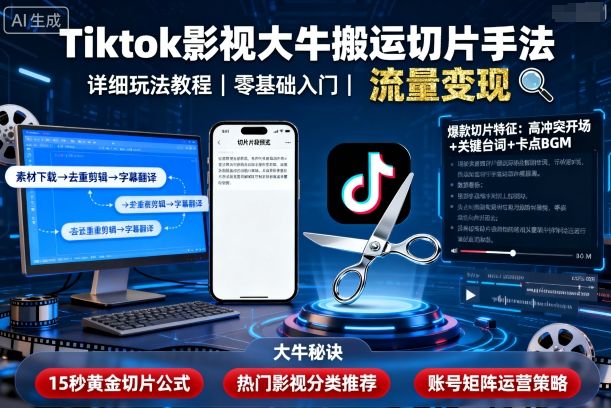 Tiktok影视大牛搬运切片手法,详细玩法教程网络赚钱,项目资源网,副业资源网,兼职项目,网赚课程-副业赚钱-互联网创业-独家轻创IP大圣网创