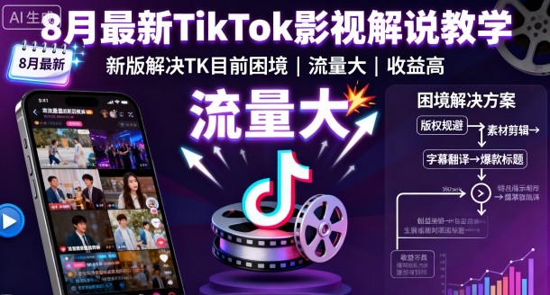 8月最新TikTok影视解说教学,新版解决TK目前困境,流量大,收益高