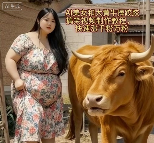 AI美女和大黄牛摔跤搞笑荒诞视频制作教程，快速涨千粉万粉网络赚钱,项目资源网,副业资源网,兼职项目,网赚课程-副业赚钱-互联网创业-独家轻创IP大圣网创
