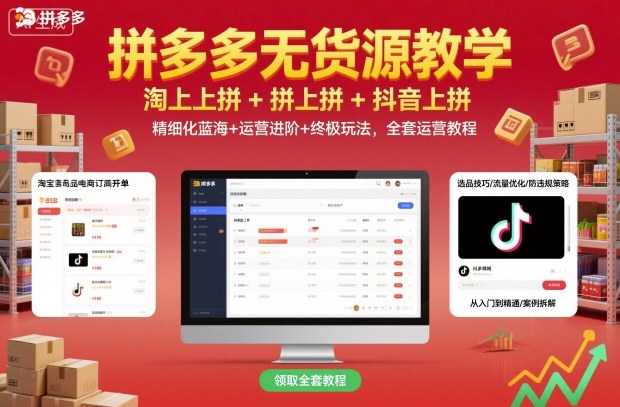 拼多多无货源教学,淘上拼+拼上拼+抖上拼,精细化蓝海+运营进阶+终极玩法,全套运营教程网络赚钱,项目资源网,副业资源网,兼职项目,网赚课程-副业赚钱-互联网创业-独家轻创IP大圣网创