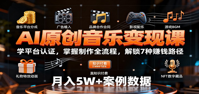AI原创音乐变现课:学平台认证,掌握制作全流程,解锁7种赚钱路径网络赚钱,项目资源网,副业资源网,兼职项目,网赚课程-副业赚钱-互联网创业-独家轻创IP大圣网创