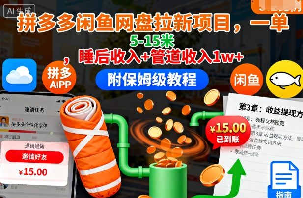 拼多多闲鱼网盘拉新项目,一单5-15米,睡后收入+管道收入1w+(附保姆级教程)网络赚钱,项目资源网,副业资源网,兼职项目,网赚课程-副业赚钱-互联网创业-独家轻创IP大圣网创