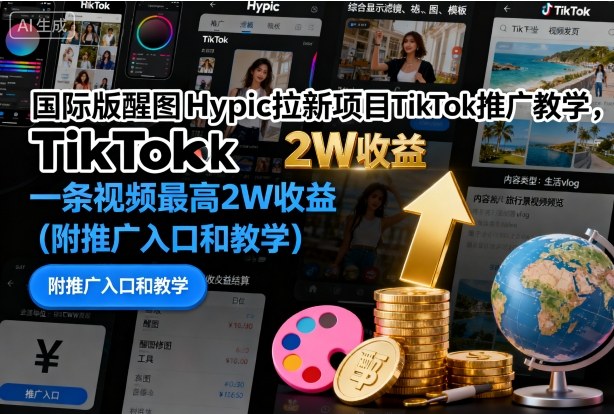 国际版醒图Hypic拉新项目TikTok推广教学,一条视频最高2W收益(附推广入口和教学)网络赚钱,项目资源网,副业资源网,兼职项目,网赚课程-副业赚钱-互联网创业-独家轻创IP大圣网创